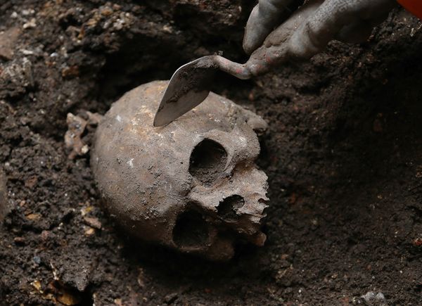 An archaeologist digs out a possibly Roman skull from the site of the graveyard of the Bethlehem, or Bedlam, hospital next to Liverpool Street Station in the City of London. The dig is on the site of the future ticket hall for the Crossrail station at Liverpool Street.